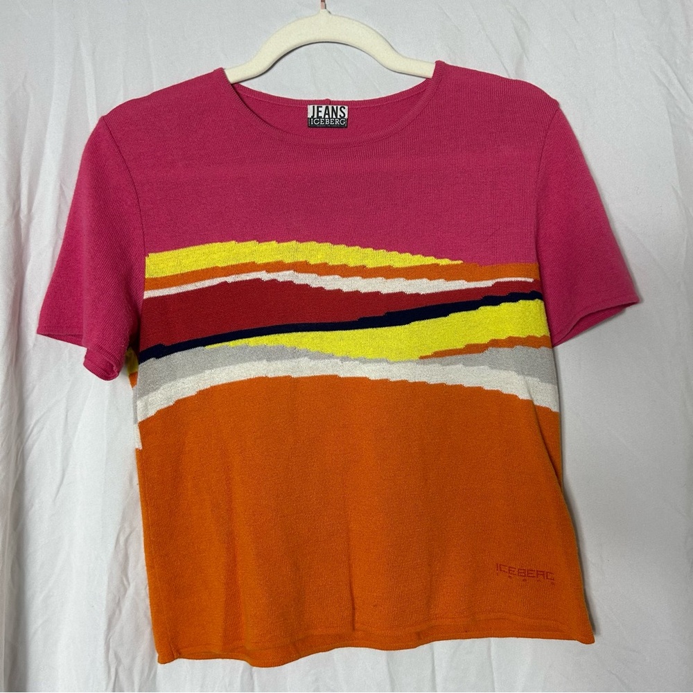Vintage 90s Iceberg Jeans short sleeve multicolor sweater tshirt - size S/M